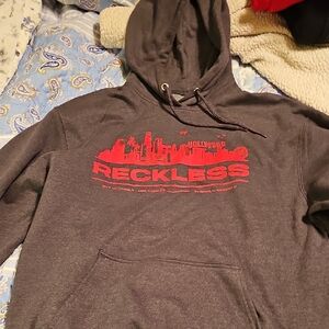 Mens Gray Hoodie with Red Print Sz L